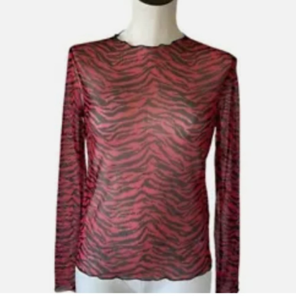 Zara red sheer zebra print long sleeve stretch top